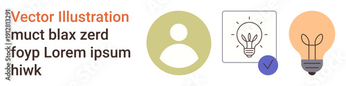 Personal identity, creativity, verification, online profiles, innovation, brainstorming. Minimalistic icons of a person, light bulb and checkmark. Creativity and personal identity concepts