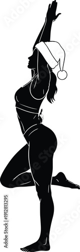 Christmas Yoga Tree Pose Silhouette Vector, Woman Practicing Balance and Meditation with Santa Hat, Holiday Fitness, Wellness, and Festive Workout Concept.