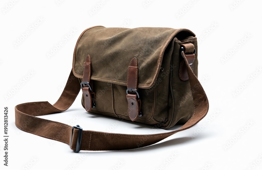 Naklejka premium Brown canvas messenger bag with leather accents sits on white backdrop. Versatile satchel features long adjustable strap for comfortable carrying, secure buckle closures. Practical design suits