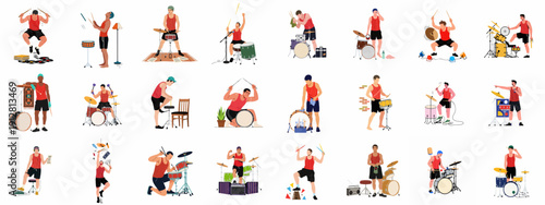 A collection of vector illustrations depicting male drummers actively playing, practicing, setting up, and engaging with drum kits and percussion instruments.
