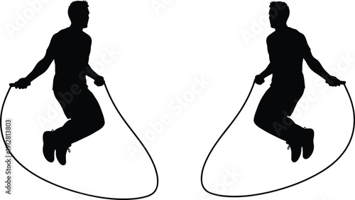 Black silhouettes of athletic man skipping rope and jumping isolated on white background for fitness training workout sports health gym and active lifestyle designs