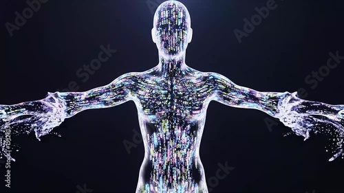 Digital human body with glitch effect and abstract colorful patterns, futuristic concept