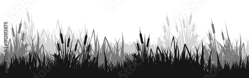 Meadow silhouette with grass, plants on plain. Panoramic summer lawn landscape with herbs, various weeds. Herbal border, frame element. Black horizontal banners. Vector illustration