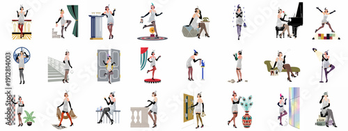 Set of glamorous flapper girls embodying the Roaring Twenties lifestyle, fashion, and Art Deco aesthetic through various elegant poses and scenes.