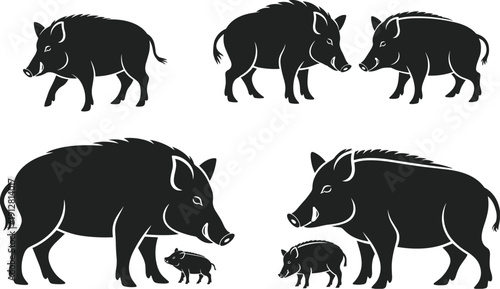 Stylized silhouettes of wild boars family group, adult and piglets, wildlife illustration, animal shapes, educational nature artwork