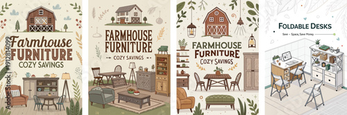 Charming farmhouse furniture collection with cozy savings theme and rustic designs.