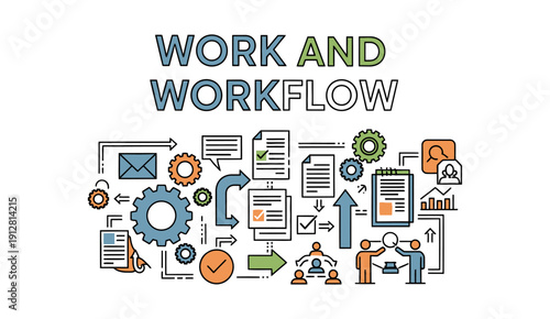 Work and Workflow concept illustration with business icons. Professional task management and process optimization.