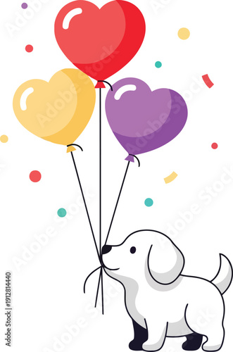 White dog holding red yellow purple heart balloons with confetti
