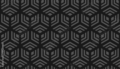 bold seamless cube geometric pattern with broken line style. dark background with subtle contrast lines, ideal for modern branding, fabric print, and abstract wallpaper.