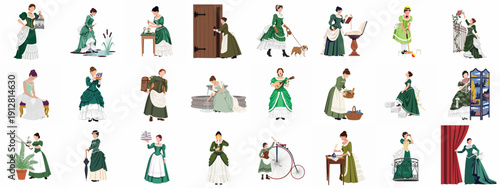 Victorian Ladies and Servants Life Set: 19th Century Women Engaging in Daily Activities, Hobbies, Leisure, and Work in Historical Dresses.