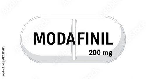 Modafinil 200 mg medical pill capsule illustration. Pharmaceutical medication for wakefulness and narcolepsy.