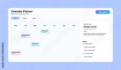Weekly Calendar Planner Dashboard UI with Tasks and Events. Clean calendar planner interface with week view schedule and a task checklist. Modern productivity dashboard for planning. Vector UI, UX