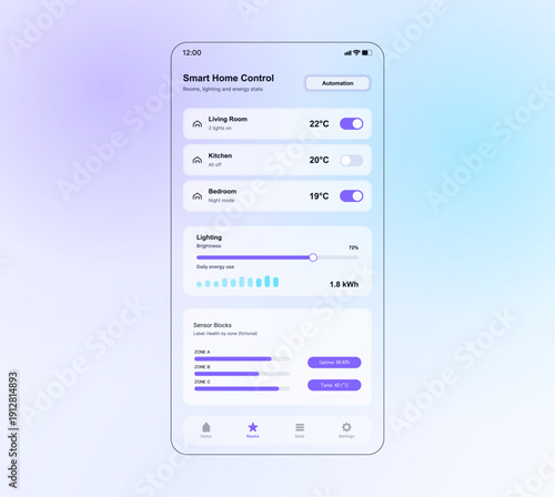 Smart Home Control App UI with Room Toggles and Energy Stats. Mobile smart home dashboard showing room temperature, lighting, automation toggle, energy usage chart. IOT Mobile app. Vector UI