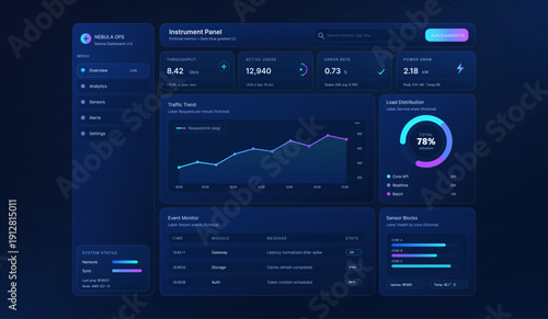 Dark Monitoring Dashboard UI with Analytics Charts and KPIs. Futuristic UI, UX, Kit with gradient, dark interface. Dashboard showing KPIs, traffic trend chart, load distribution. Vector