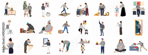 Cozy home life illustrations featuring people engaged in daily domestic routines, moving, decorating, relaxing, and celebrating.