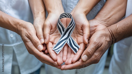 Diverse hands holding a zebra stripe awareness ribbon in unity