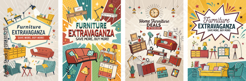 Colorful and playful furniture sale posters featuring various home decor items.