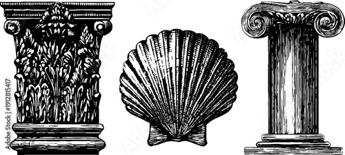 Classical architectural and nautical engravings set for design and decor