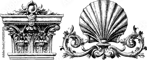 Vintage engraved classical niche and shell design for architectural art and decoration