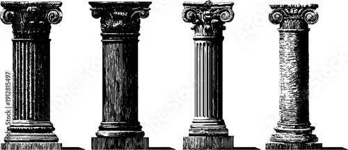 Classical architectural columns set with pilaster and bases – engraved art for design projects