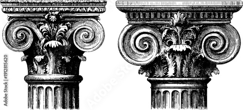 Architectural heritage: engraved illustrations of corinthian column and acanthus design for historical art