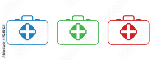 First aid kit outline icons, colorful medical briefcases for emergency health assistance