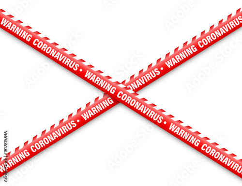 Quarantine zone warning tape. Novel coronavirus outbreak. Global lockdown. Red coronavirus danger stripe. Police caution line, restricted area. Construction tape. Vector illustration