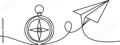 Traveller compass and paper plane in one continuous line drawing. Map guide and new adventure symbol in simple linear style.one line victor illustration in white Background