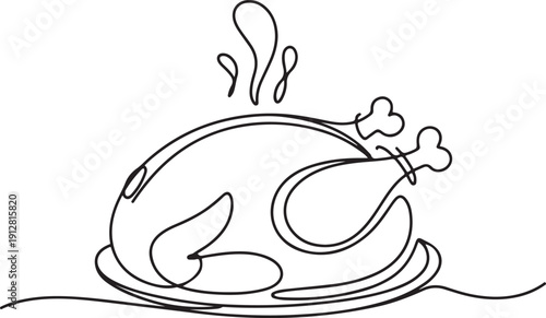 Turkey or chicken one line art, fried poultry meat continuous contour drawing,hand-drawn Thanksgiving Day traditional food,hot dish.one line victor illustration in white Background