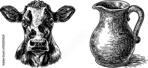 Vintage cow head and milk jug engraving for retro design and rustic décor