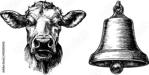 Vintage engraved cow and bell illustration set for retro design and decor