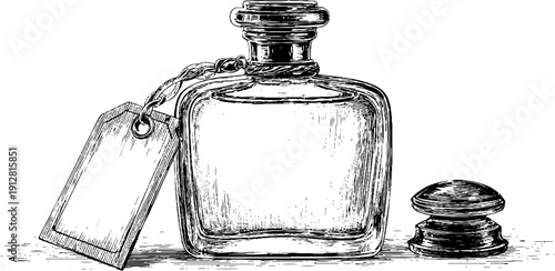 Vintage engraved illustration of cream top bottle with cap and tag for retro design projects