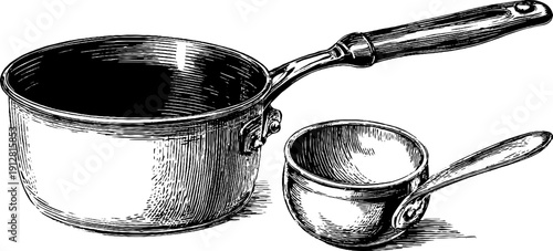 Vintage kitchenware engraving: cream skimmer and milk pan set for retro culinary design