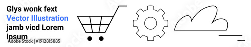 E-commerce, technology, cloud computing, online retail, digital tools, data storage. Minimalist shopping cart, gear wheel and cloud shapes. E-commerce and technology in a digital context