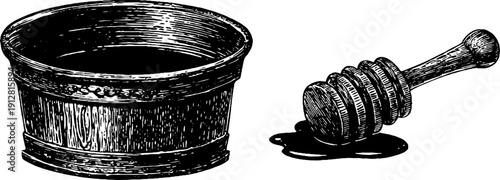 Vintage dairy churn and drip paddle engraving - retro design for print, card, poster