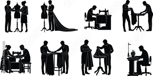 Black Tailor Silhouette Vector Collection with Fashion Designers Sewing and Measuring Fabric on Mannequins Isolated on White Background for Textile Industry