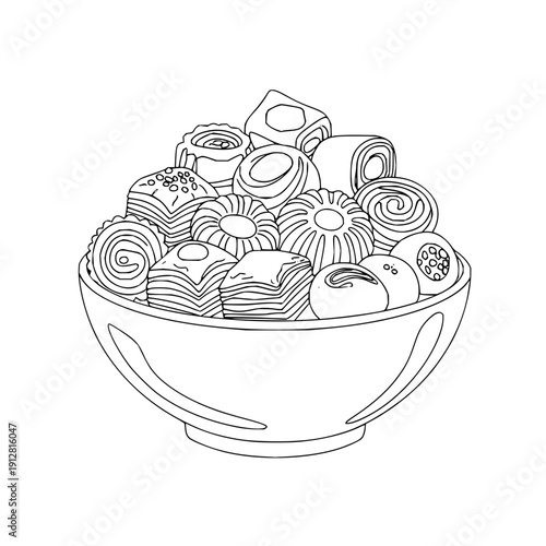 Sushi rolls in bowl line art illustration japanese food seafood rice wasabi