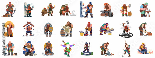 Fantasy Dwarf Character Set: Mining, Crafting, Warriors, and Everyday Life.