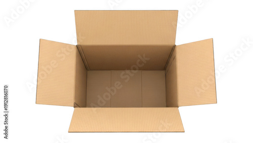 An open cardboard box with its flaps folded out on a white background