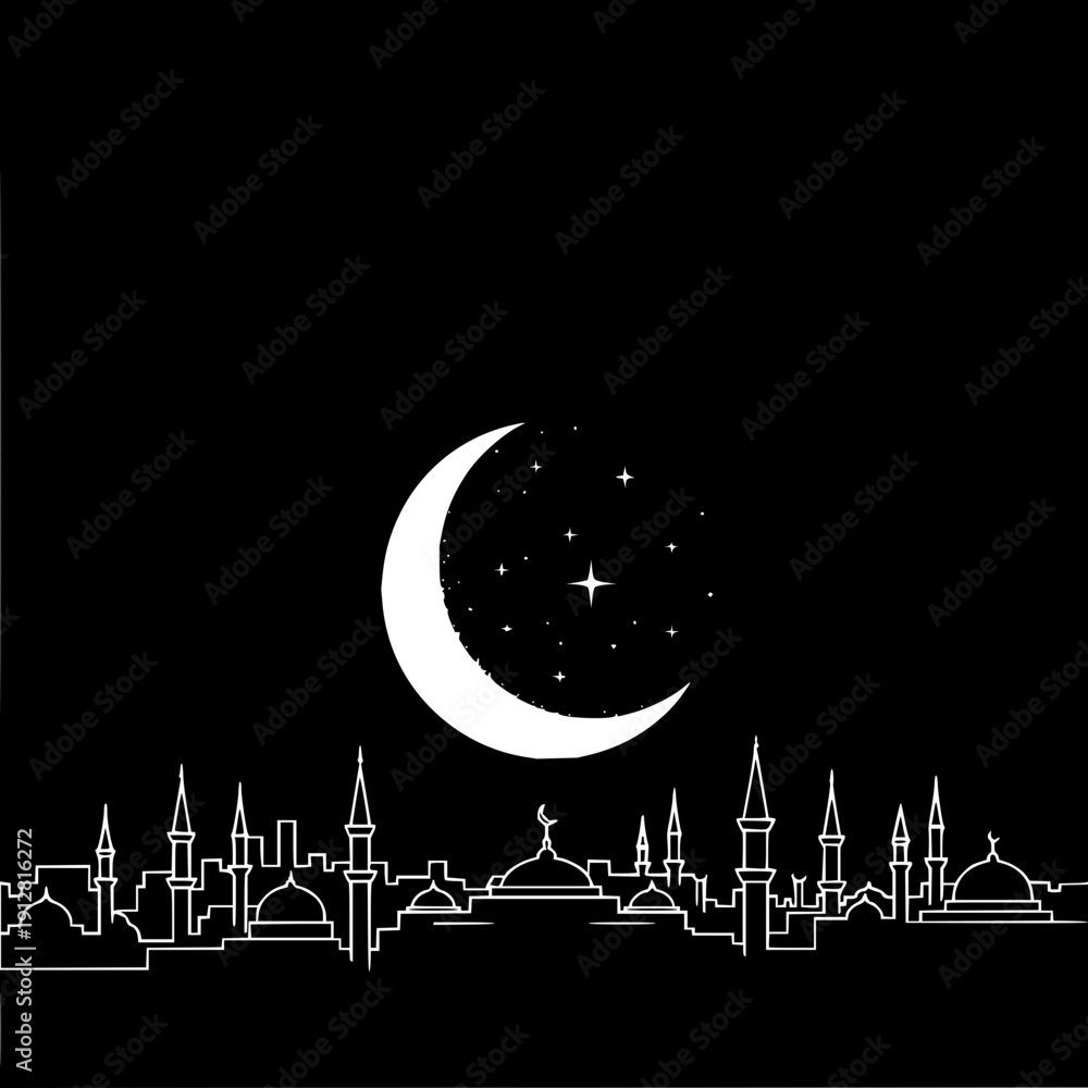 Obraz premium Crescent moon over mosque cityscape at night stars white line art