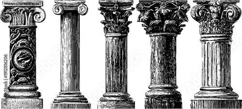 Classical architecture doric column set sketch with base and capital design