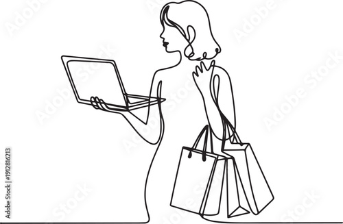 Woman with laptop computer and shopping bags in one continuous line drawing.one line victor illustration in white Background