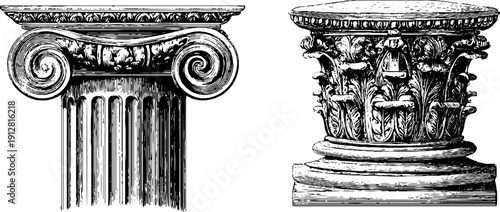 Classical architectural elements: doric column and capital engraving set for design projects