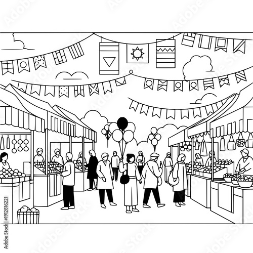Israeli market festival celebration vector illustration black and white line art