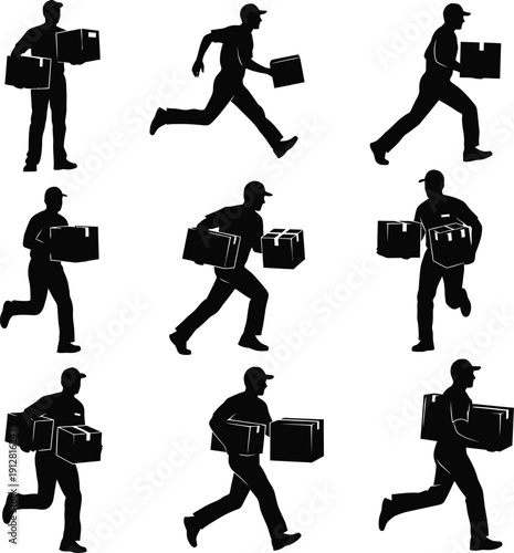 Running Delivery Worker Action Silhouette Set