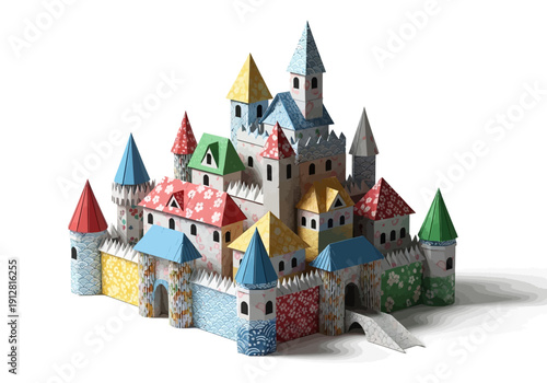 Colorful castle model with towers.
