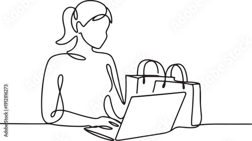 Woman with laptop computer and shopping bags in one continuous line drawing.one line victor illustration in white Background