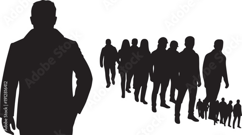 Silhouette of a man leading a group of people
