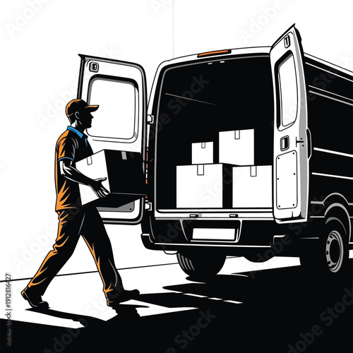 Courier Loading Truck With Packages Illustration
