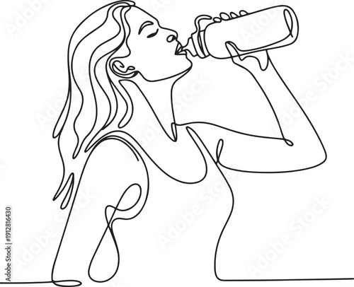 young woman drinking water from bottle, line art illustration showing healthy lifestyle concept.one line victor illustration in white Background